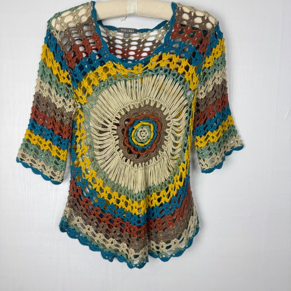 Roz & Ali Crochet Knit Top S/M Boho Hippie Multicolor‎ Festival Tunic - Picture 11 of 11
